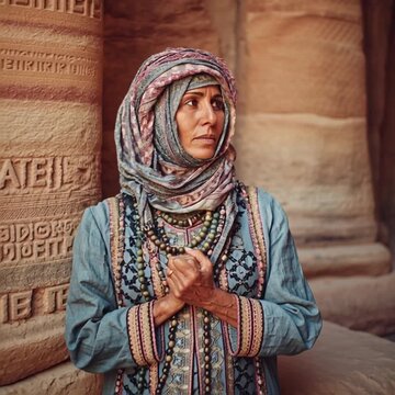 HD video, National Geographic quality, Beduin woman standing in front of the courthouse in Petra