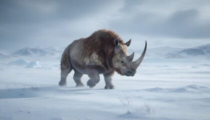 Woolly rhinoceros in icy prehistoric tundra