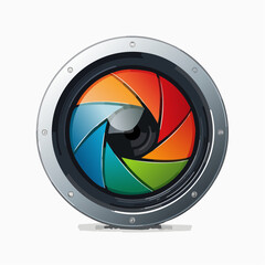 Abstract camera aperture illustration featuring vibrant colorful geometric segments on white surface