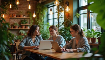Three young women work together on laptops at wooden table in modern plant-filled cafe. Collaborate, discuss project in cozy atmosphere. Background features brick walls, hanging lights, green plants.