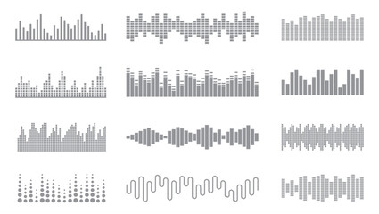 Podcast sound waves. Audio wave forms line, sound wave frequency or voice microphone signals. Music, podcast and broadcast and audio branding design.