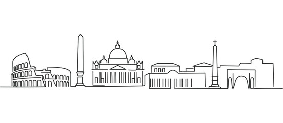 Single continuous line drawing of rome city skyline italy, famous roma landmarks and skyscrapers, vector black silhouette with white background, ideal for travel prints, poster design, architectural i