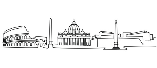 Single continuous line drawing of rome city skyline italy, famous roma landmarks and skyscrapers, vector black silhouette with white background, ideal for travel prints, poster design, architectural i