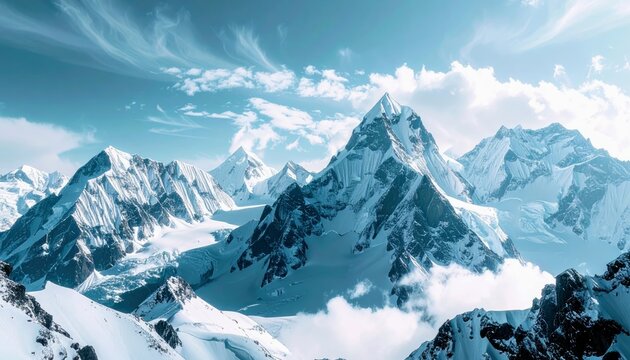 A breathtaking panorama of jagged, snow-covered mountain peaks piercing through a cloudy sky, showcasing the raw beauty of a high-altitude landscape.