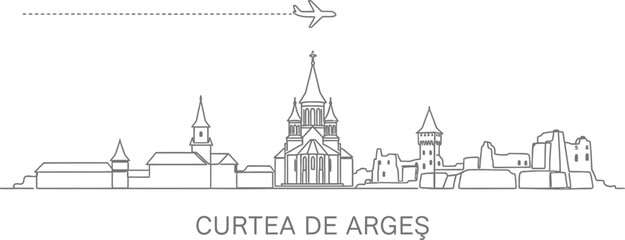 Obraz premium Curtea de Arges Skyline with Airplane