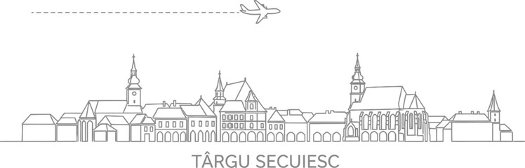 Fototapeta premium Targu Secuiesc skyline with airplane icon