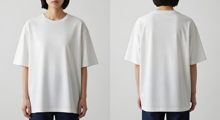 Front and back view of a person wearing a loosefitting white tshirt, isolated on a light gray background