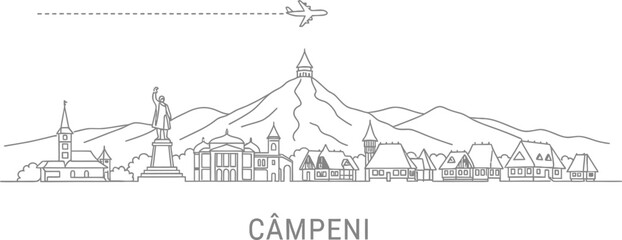 Fototapeta premium Câmpeni Cityscape Skyline with Airplane Icon