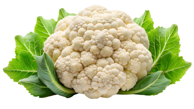 Fresh cauliflower isolated PNG on transparent background, healthy vegetable with green leaves for cooking and vegetarian diet