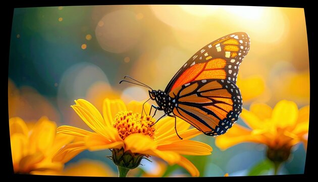 A close-up view of a monarch butterfly with its wings spread, resting on a bright yellow flower in a sunlit garden. - Powered by Adobe
