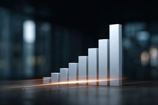 Abstract bar graph: rising silver columns on reflective surface with light streaks