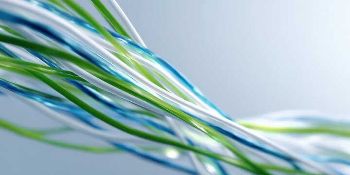 Abstract green and blue fiber optic strands on light background