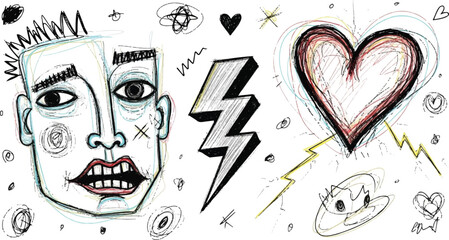 Abstract Graffiti Face and Heart Illustration with Lightning Bolt in Urban Sketch Style
