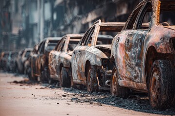 Fototapeta premium Row of burnedout cars in city street Postapocalyptic landscape scene.