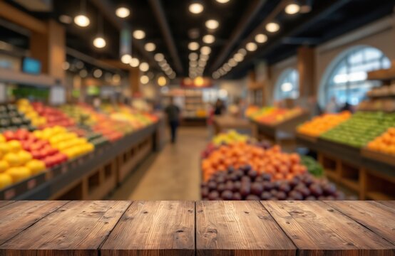 Blurred supermarket interior vibrant produce displays, wooden table surface. Customers browse fresh fruits vegetables creating noisy market atmosphere. Ideal for food marketing campaigns retail