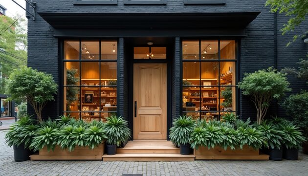 Modern black brick storefront features large windows displaying merchandise. Natural wood door stands central with surrounding rich green plants. Stylish shop invites customers inside with clean