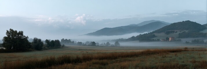 Serene misty landscape with rolling hills and distant farmhouse at dawn