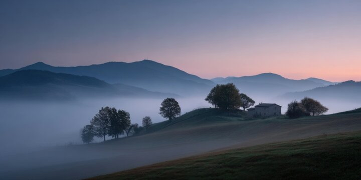 Misty mountain sunrise with rolling hills and a farmhouse in tranquil landscape