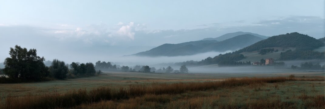 Serene misty landscape with rolling hills and distant farmhouse at dawn