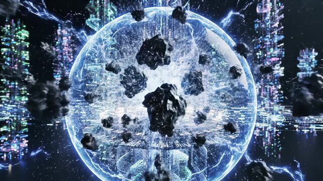 Abstract Digital Core Protected by an Electric Force Field Amidst Hyper-speed Streaks and Swirling Debris