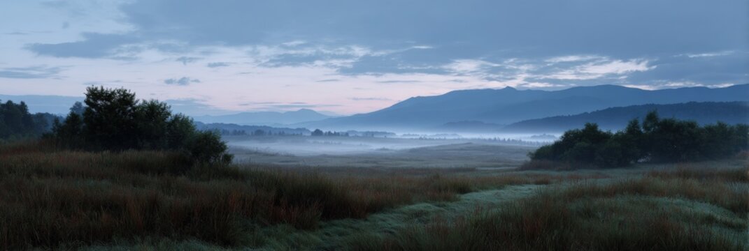 Serene dawn landscape with misty mountains and grassy fields