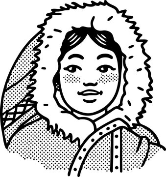 Smiling person in traditional fur lined winter parka inuit culture, cold climate clothing, hand drawn illustration