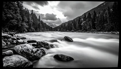 A black and white long exposure photograph captures a fast-flowing river with silky water, bordered by rocky shores and dense evergreen forests, leading towards