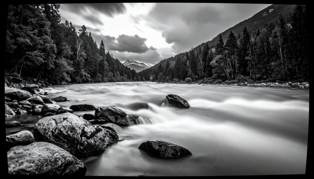 A black and white long exposure photograph captures a fast-flowing river with silky water, bordered by rocky shores and dense evergreen forests, leading towards