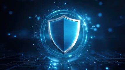 National Security Concept on Cyber ​​Warfare. A sleek blue shield emblem surrounded by digital technology elements, symbolizing security and protection in a modern, high-tech environment.