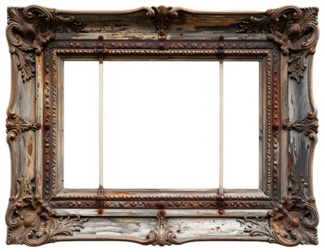 Old wooden frame with rusty metal for rustic design isolated on transparent background