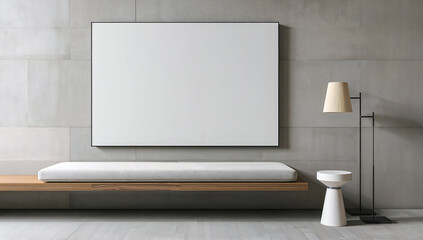 Modern interior with blank canvas, bench, lamp, and minimalist design