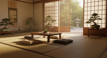 Traditional Japanese Zen Room with Bonsai Trees and Garden View for Meditation