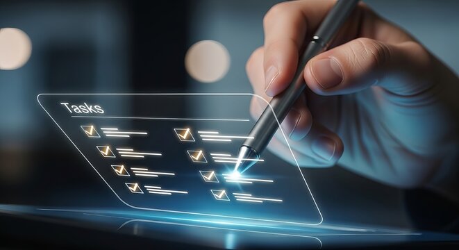Hand using stylus to interact with futuristic holographic checklist interface - Powered by Adobe