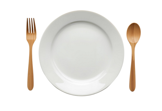 Classic white plate paired with eco-friendly wooden cutlery for sustainable dining.