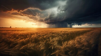 Dramatic storm clouds loom over a golden wheat field, capturing the beauty and power of nature's extremes.