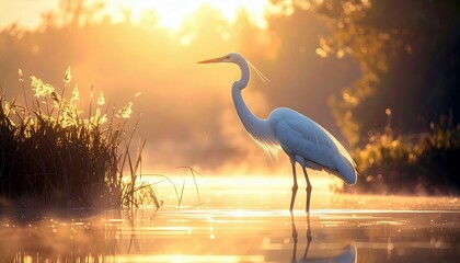 A white egret stands in shallow water, bathed in the golden light of sunrise, with reeds and mist creating a serene atmosphere.