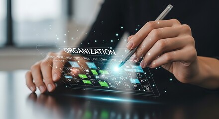 Person using stylus on digital screen with glowing data visualization