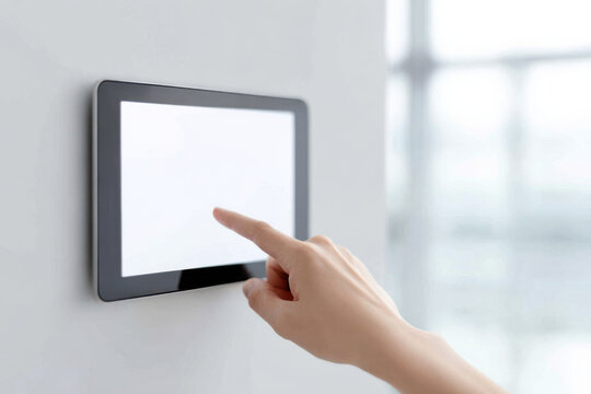 Touching wall mounted digital tablet with blank screen in modern bright room
