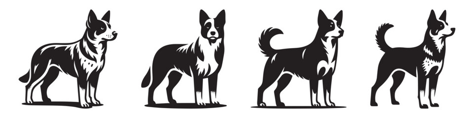 Fototapeta premium Dogs in a row black and white standing side view illustration.