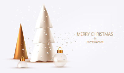 Christmas background with glass balls and trees. Holiday card with silver snow. Vector x-mas design.