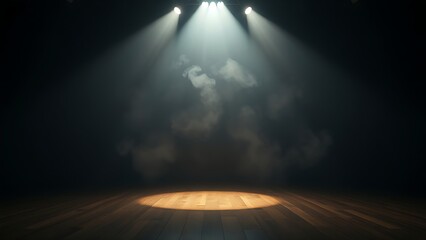 backstage. A solitary spotlight illuminates an empty wooden stage, creating anticipation for an unseen performance. event programs.