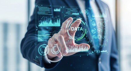 Businessman interacting with futuristic holographic data interface screen