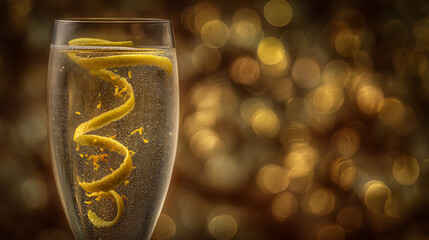 Champagne flute with sparkling drink and curled lemon zest, festive background with bokeh lights
