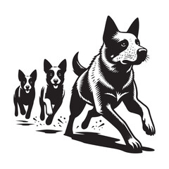 Fototapeta premium Energetic Canine Trio: A Dynamic Black and White Illustration.