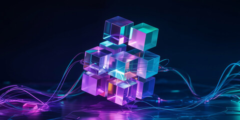 Abstract 3D render of glowing translucent cubes forming a structure with light trails image