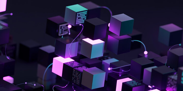 Abstract 3D cubes with glowing neon lights and digital patterns geometric shapes
