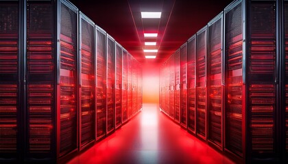 symmetrical rows of data servers in a dark glowing red illuminated room showcase network technology