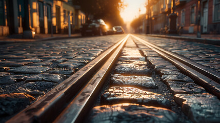 Golden sunset light illuminates tram tracks on a cobblestone street golden light railroad