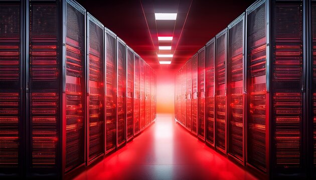 symmetrical rows of data servers in a dark glowing red illuminated room showcase network technology - Powered by Adobe