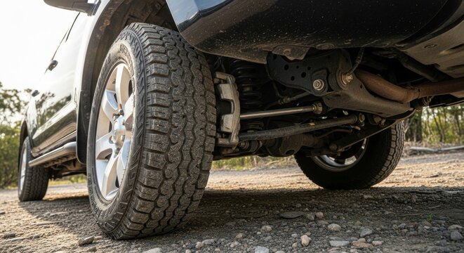 Detailed underside view of a black SUVs tire and suspension system